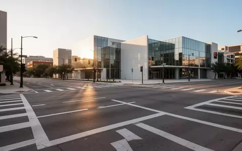 Eine leere, modern gestaltete Straßenkreuzung in Austin bei Sonnenuntergang mit klaren Fahrbahnmarkierungen und minimalistischer Architektur im Hintergrund. - Foto: über boerse-global.de