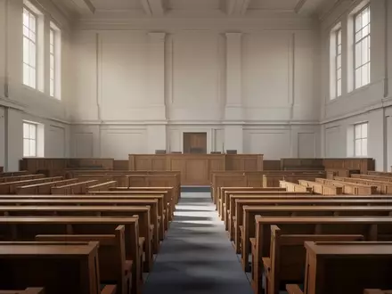 Ein leerer, sonnendurchfluteter parlamentarischer Sitzungssaal mit hölzernen Sitzreihen und formeller Architektur. - Foto: über boerse-global.de