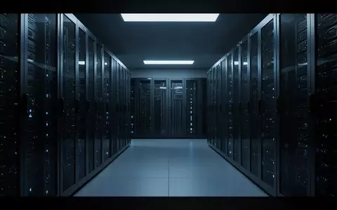 Ein moderner, hochtechnisierter Serverraum mit symmetrischen Server-Racks in kühlem, blauem Licht. - Foto: über boerse-global.de