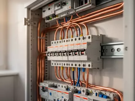 Nahaufnahme einer elektrischen Unterverteilung mit Kupferleitungen und Sicherungsautomaten in einem modernen Hauswirtschaftsraum. - Foto: über boerse-global.de