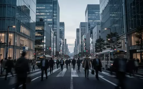 Blick auf den Tokioter Finanzdistrikt bei Dämmerung mit verschwommenen Passanten auf der Straße. - Foto: über boerse-global.de