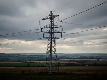 Ein Hochspannungsmast steht in einer weiten, ländlichen Landschaft unter einem bewölkten Himmel. - Foto: über boerse-global.de