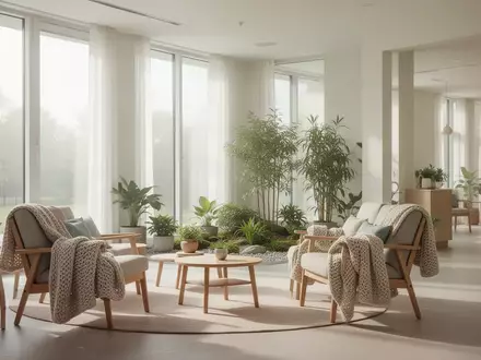 Ein heller, modern eingerichteter Wohnraum in einem Seniorenzentrum mit gemütlichen Sesseln, viel Tageslicht und Pflanzen. - Foto: über boerse-global.de