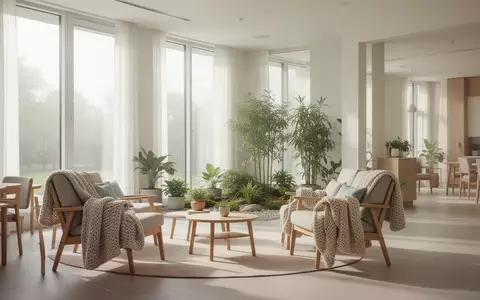 Ein heller, modern eingerichteter Wohnraum in einem Seniorenzentrum mit gemütlichen Sesseln, viel Tageslicht und Pflanzen. - Foto: über boerse-global.de