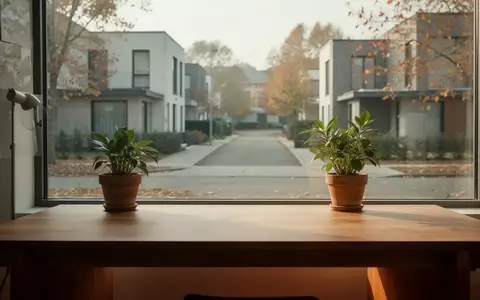 Ein minimalistischer, sonnendurchfluteter Arbeitsplatz mit Blick aus dem Fenster auf eine ruhige Wohnstraße. - Foto: über boerse-global.de