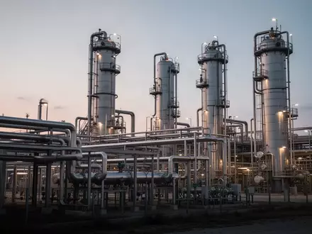 Industrielle Chemieanlage mit komplexem Rohrsystem und Destillationskolonnen bei Dämmerung. - Foto: über boerse-global.de