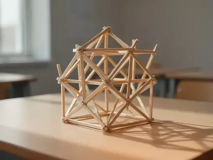 Eine komplexe geometrische Struktur aus Holzstäbchen auf einem hellen Holztisch in einem hellen, minimalistischen Raum. - Foto: über boerse-global.de