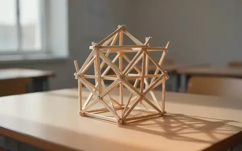 Eine komplexe geometrische Struktur aus Holzstäbchen auf einem hellen Holztisch in einem hellen, minimalistischen Raum. - Foto: über boerse-global.de