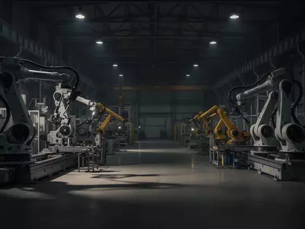 Eine weitläufige, unbeleuchtete Industriehalle mit automatisierten Fertigungsanlagen und Roboterarmen in einer automatisierten Fabrik. - Foto: über boerse-global.de