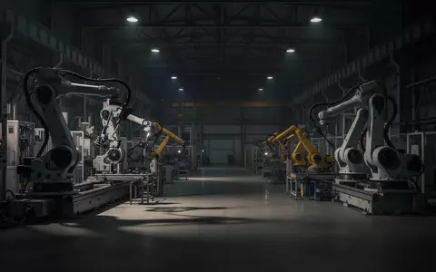 Eine weitläufige, unbeleuchtete Industriehalle mit automatisierten Fertigungsanlagen und Roboterarmen in einer automatisierten Fabrik. - Foto: über boerse-global.de