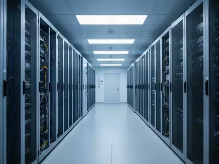 Moderne, hochmoderne Rechenzentrum-Infrastruktur in einer Industriehalle mit bläulicher Beleuchtung. - Foto: über boerse-global.de