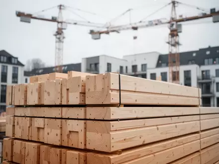 Baustelle in einer deutschen Stadt mit gestapelten Holzwandelementen für den seriellen Hausbau. - Foto: über boerse-global.de