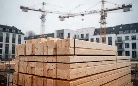 Baustelle in einer deutschen Stadt mit gestapelten Holzwandelementen für den seriellen Hausbau. - Foto: über boerse-global.de