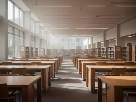 Ein ruhiger, moderner Lesesaal in einer Universitätsbibliothek mit leeren Holztischen und einfallendem Tageslicht. - Foto: über boerse-global.de