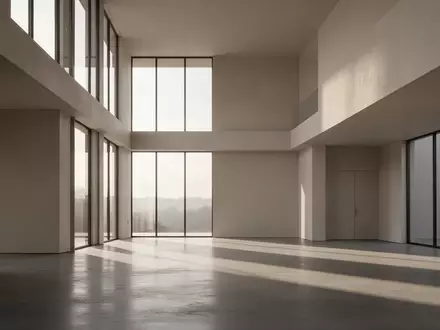 Ein minimalistischer, architektonischer Innenraum mit klaren Linien und natürlichem Lichteinfall auf einem Betonboden. - Foto: über boerse-global.de