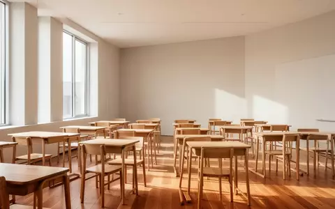 Ein leerer, moderner Klassenraum mit Holztischen und Stühlen in hellem Tageslicht. - Foto: über boerse-global.de