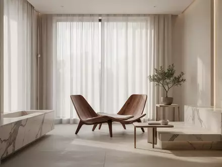 Ein minimalistisch gestalteter Wellness-Raum mit natĂŒrlichen Materialien und sanftem Lichteinfall. - Foto: ĂŒber boerse-global.de
