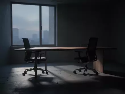 Ein leeres, minimalistisches Büro in der Dämmerung mit langen Schatten und einer nachdenklichen, ruhigen Atmosphäre. - Foto: über boerse-global.de