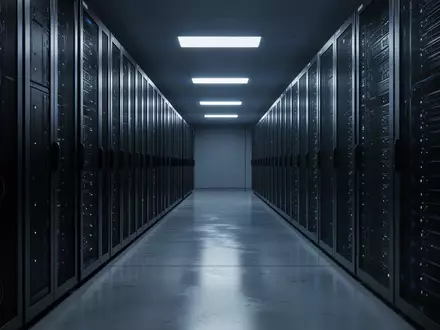 Dunkler, moderner Serverraum mit metallischen Rack-Gehäusen in einer Fluchtperspektive. - Foto: über boerse-global.de