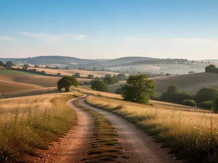 Ein gewundener Feldweg in einer hügeligen französischen Landschaft unter blauem Himmel. - Foto: über boerse-global.de