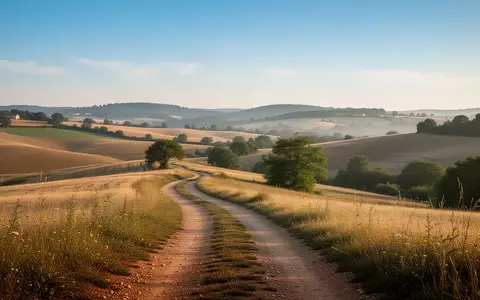 Ein gewundener Feldweg in einer hügeligen französischen Landschaft unter blauem Himmel. - Foto: über boerse-global.de