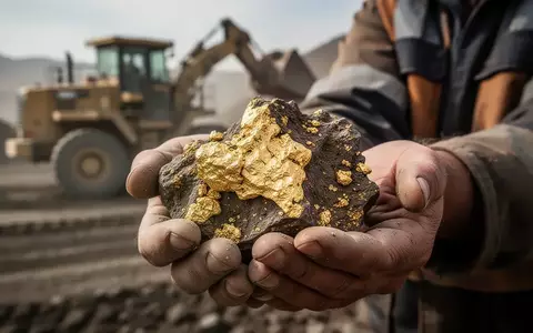 Nahaufnahme von rohem Golderz in den Händen einer Person vor einem unscharfen Hintergrund aus Bergbauausrüstung. - Foto: über boerse-global.de
