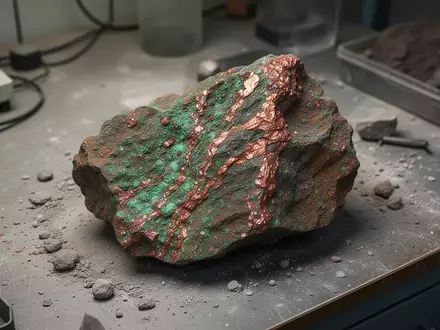 Geologische Gesteinsprobe mit sichtbaren Kupfererzen auf einem Arbeitstisch in einem geologischen Labor. - Foto: über boerse-global.de