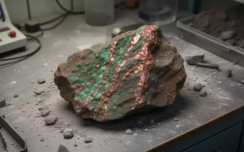Geologische Gesteinsprobe mit sichtbaren Kupfererzen auf einem Arbeitstisch in einem geologischen Labor. - Foto: über boerse-global.de