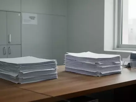 Ein minimalistischer Schreibtisch in einem modernen Büro mit Aktenstapeln in natürlichem Licht. - Foto: über boerse-global.de