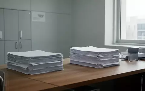 Ein minimalistischer Schreibtisch in einem modernen Büro mit Aktenstapeln in natürlichem Licht. - Foto: über boerse-global.de