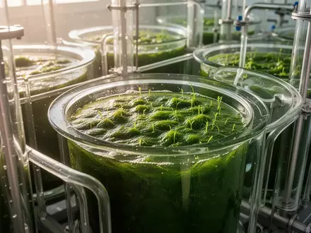 Nahaufnahme von Mikroalgen in industriellen Glas-Photobioreaktoren in einer modernen Anlage bei Tageslicht. - Foto: über boerse-global.de
