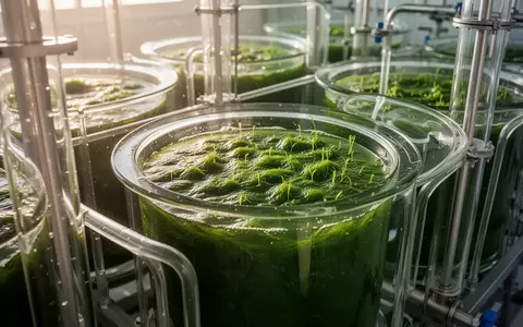 Nahaufnahme von Mikroalgen in industriellen Glas-Photobioreaktoren in einer modernen Anlage bei Tageslicht. - Foto: über boerse-global.de
