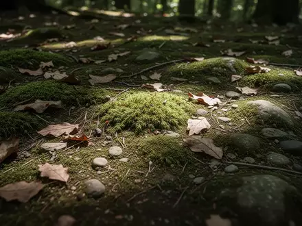 Nahaufnahme eines unebenen Waldbodens mit Moos, Blättern und kleinen Steinen bei natürlichem Lichteinfall. - Foto: über boerse-global.de