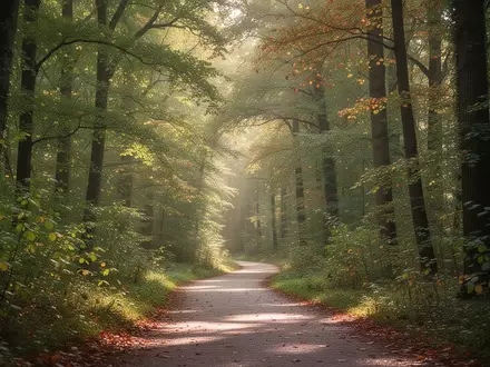 Ein von der Sonne durchfluteter Waldweg inmitten einer herbstlichen Landschaft, der Ruhe und kognitive Gesundheit symbolisiert. - Foto: über boerse-global.de