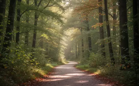 Ein von der Sonne durchfluteter Waldweg inmitten einer herbstlichen Landschaft, der Ruhe und kognitive Gesundheit symbolisiert. - Foto: über boerse-global.de