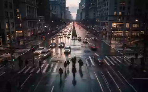 Eine belebte städtische Straßenkreuzung bei Dämmerung mit nasser Fahrbahn und fließendem Verkehr. - Foto: über boerse-global.de