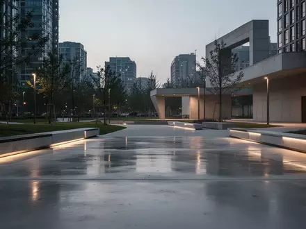 Ein ruhiger, moderner Stadtpark in der Abenddämmerung mit minimalistischen architektonischen Elementen und sanftem Licht. - Foto: über boerse-global.de