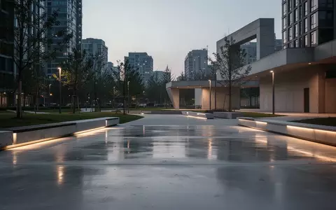 Ein ruhiger, moderner Stadtpark in der Abenddämmerung mit minimalistischen architektonischen Elementen und sanftem Licht. - Foto: über boerse-global.de