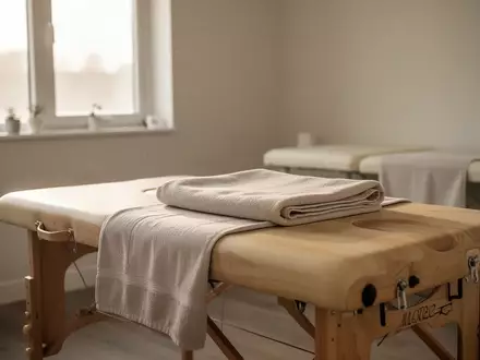 Ein minimalistischer, heller Physiotherapieraum mit einer Massageliege und einem gefalteten Handtuch in ruhiger Atmosphäre. - Foto: über boerse-global.de
