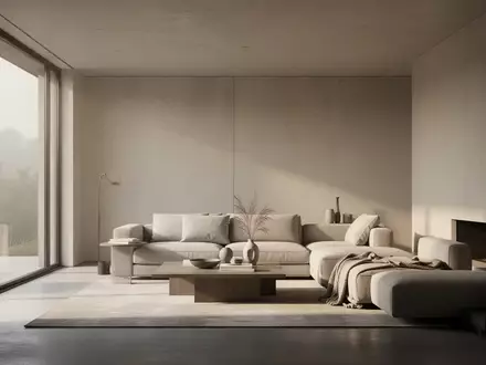 Ein minimalistisches, modern eingerichtetes Wohnzimmer mit hellem Tageslicht und Fokus auf architektonische Raumgestaltung. - Foto: über boerse-global.de