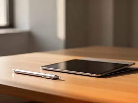 Ein minimalistischer Arbeitsbereich mit einem Stift und einem geschlossenen Tablet auf einem Holztisch bei Tageslicht. - Foto: über boerse-global.de