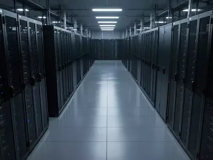 Reihen von dunklen, metallischen Server-Schränken in einem modernen, schwach beleuchteten Rechenzentrum. - Foto: über boerse-global.de