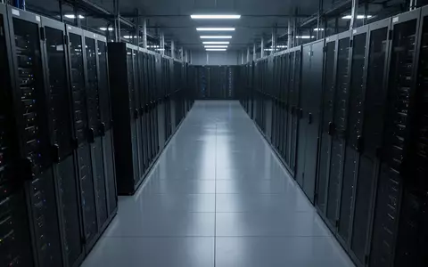 Reihen von dunklen, metallischen Server-Schränken in einem modernen, schwach beleuchteten Rechenzentrum. - Foto: über boerse-global.de