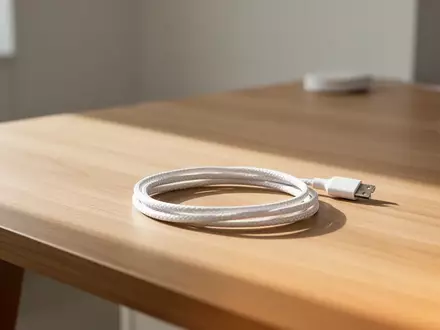 Ein aufgerolltes weißes Stromkabel auf einer schlichten, hellen Holzoberfläche in einem minimalistischen Raum. - Foto: über boerse-global.de