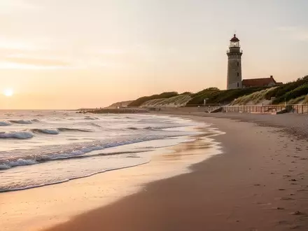 Ein ruhiger, leerer Sandstrand an der polnischen Ostseeküste bei Sonnenuntergang mit einem Leuchtturm im Hintergrund. - Foto: über boerse-global.de