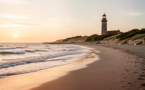 Ein ruhiger, leerer Sandstrand an der polnischen Ostseeküste bei Sonnenuntergang mit einem Leuchtturm im Hintergrund. - Foto: über boerse-global.de