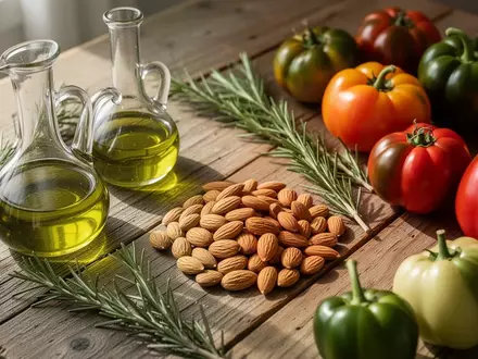 Frische mediterrane Zutaten wie Olivenöl, Mandeln und Gemüse auf einem Holztisch bei natürlichem Tageslicht. - Foto: über boerse-global.de