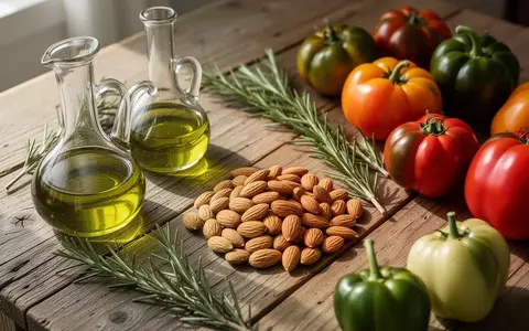 Frische mediterrane Zutaten wie Olivenöl, Mandeln und Gemüse auf einem Holztisch bei natürlichem Tageslicht. - Foto: über boerse-global.de