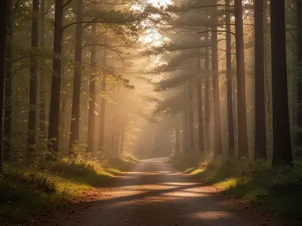 Ein ruhiger Waldweg im warmen Licht der goldenen Stunde, der Gelassenheit und innere Balance symbolisiert. - Foto: über boerse-global.de