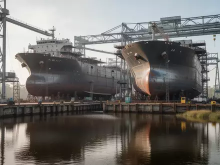 Ein großes, im Bau befindliches Schiffsgerüst in einer Werft in Louisiana bei natürlichem Tageslicht. - Foto: über boerse-global.de
